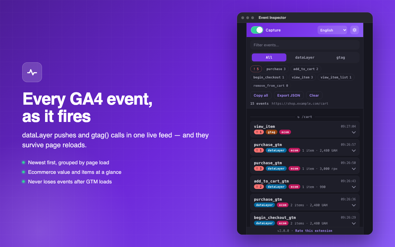 Event Inspector — live event feed