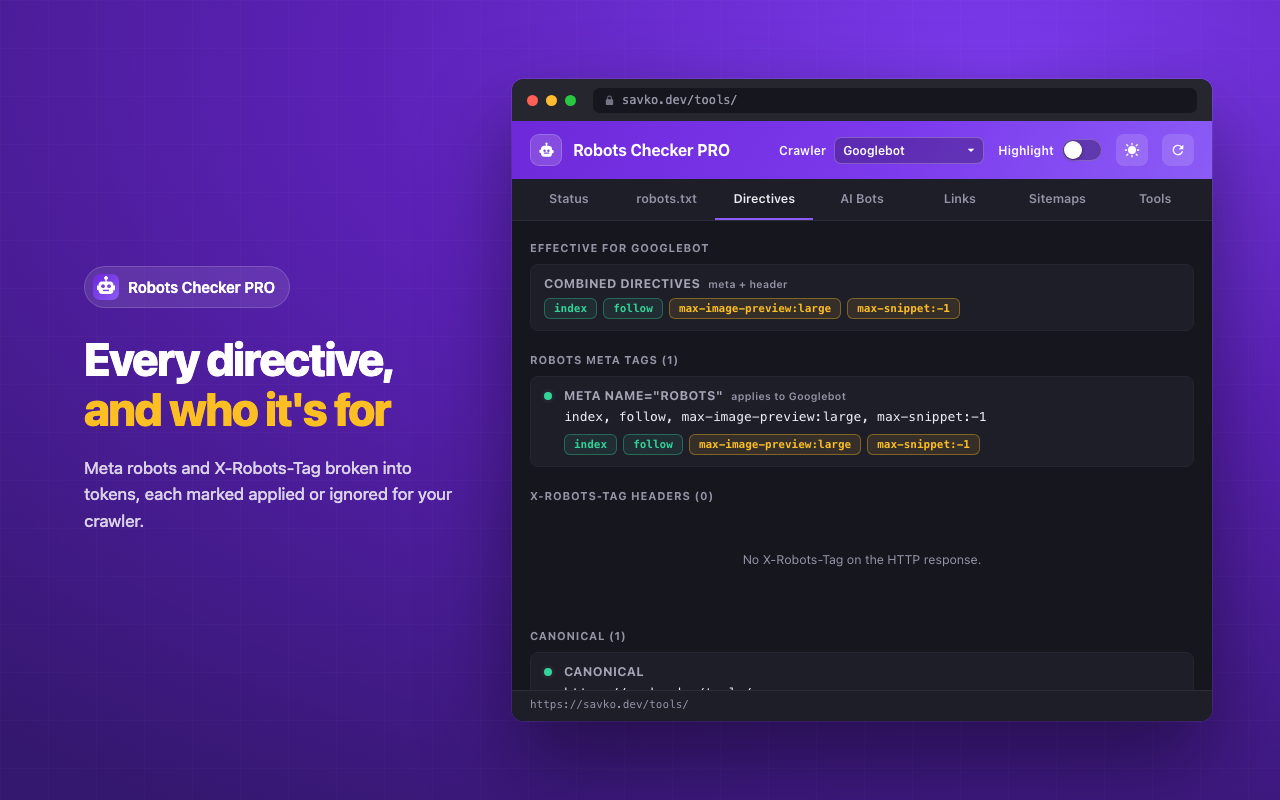Directives tab — meta robots and X-Robots-Tag tokens