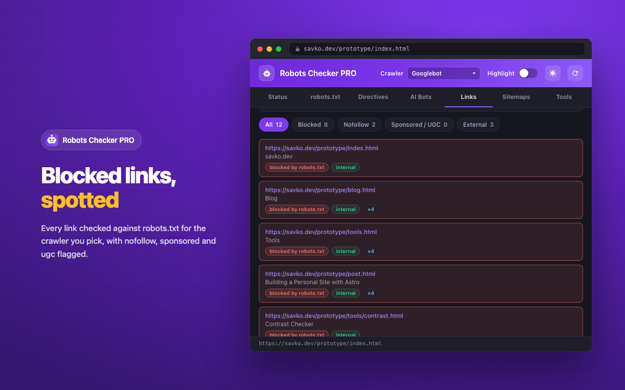 Links tab — links blocked by robots.txt