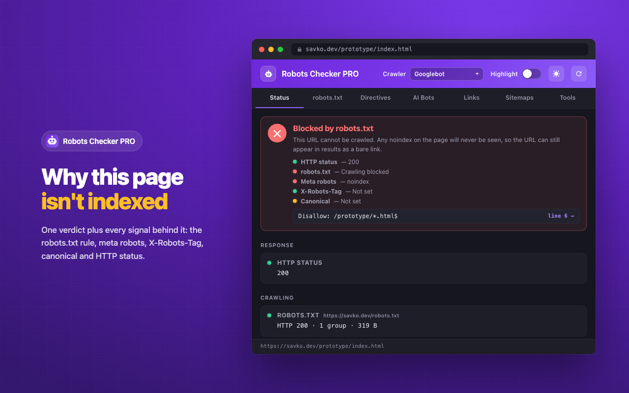 Robots Checker PRO — Status tab showing a page blocked by robots.txt