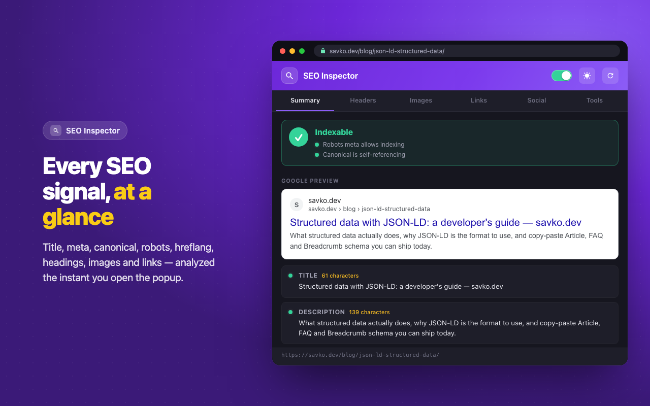 SEO Inspector — Summary tab